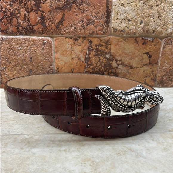 Brighton Belt Embossed Alligator Buckle Croc Leather Vintage Brown Silver Size M - Picture 2 of 12